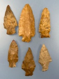 Lot of 6 Larger Stemmed Jasper Points, Longest is 3 1/8