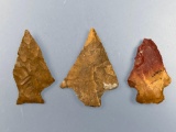 x3 Transitional Jasper Arrowheads, Perkiomen, Susquehanna, Lehigh, Found in Bucks Co., PA, Nice Exam