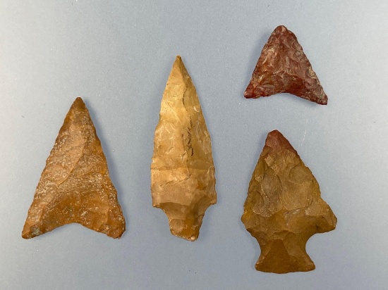 x4 Superb Jasper Arrowheads, Triangles, Heat-Treated Susquehanna Broadpoint, Found in Mantun, NJ Ex:
