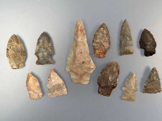 11 Central States Arrowheads, Longest is 3 1/8", Ex: Hanning Collection