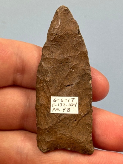 SUPERB 2 3/4" Paleo Lanceolate Point, Small Fluting to One Side, Found in Pennsylvania, Purchased at
