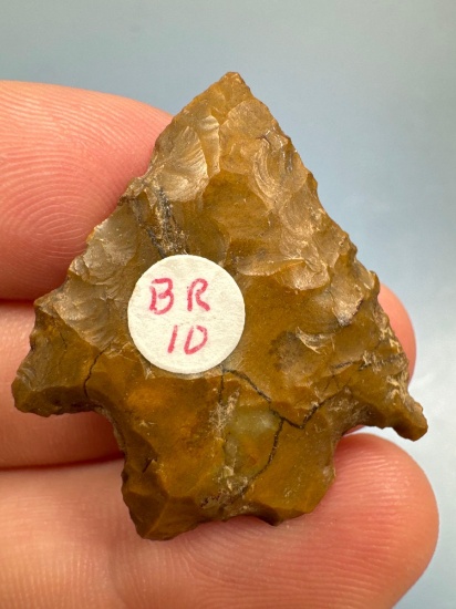 1 5/16" Serrated Jasper Point (likely Re-worke Bifurcate), Found in Pennsylvania, Ex: Bud Ripley Col