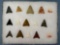 15 FINE Triangle Points, Various Materials- Jasper, Quartzite Chalcedony, Argillite, Longest is 1 1/