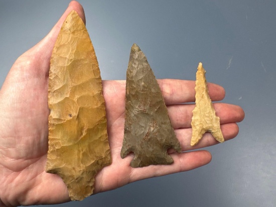 3 Restored Points, 2 1/4" Dalton-Iowa, 5" Adena-Crittenden Co., KY, 3 3/8" Kirk Corner Notch, TN, Re