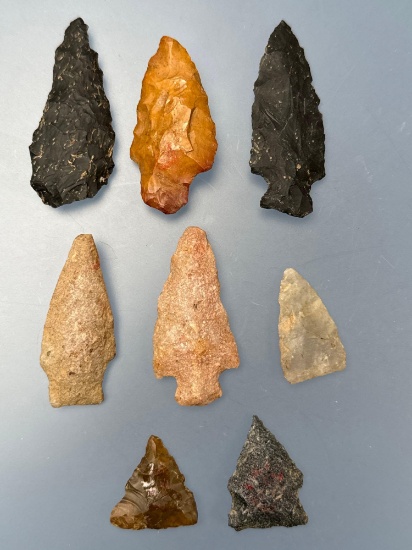 8 Various Points, Quartzite, Jasper, Chalcedony, Found in Northampton Co., PA, Longest is 2 1/2", Ex