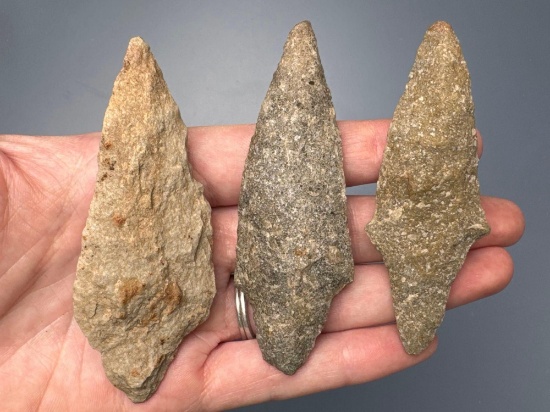 3 Poplar Island Points, Archaic Arrowheads, Longest is 3 1/2", Quartzite, Found in Lancaster Co., PA