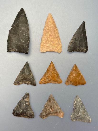 Lot of 9 Fine Triangle Points, Longest is 1 5/8", Found in Mantua, Gloucester Co., NJ