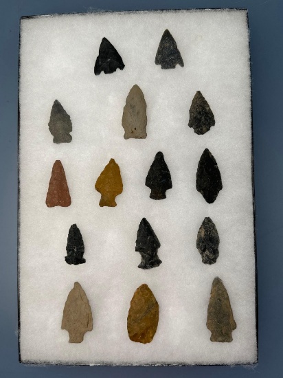 15 FINE Arrowheads, Basal Notched, Stemmed, Longest is 2", Found in the Oley Valley, Berks Co., PA,