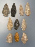 10 Quartzite, Chalcedony and Jasper Arrowheads, Found in Northampton Co., PA, Longest is 2 1/8