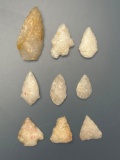 9 Nice Quartz Points, Smaller Examples, Found in Northampton Co., PA, Longest is 1 3/4