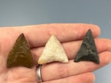 Lot of 3 Fine Triangles, Jasper, Chert, Quartz, Longest is 1 5/16