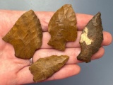 4 Fine Jasper Points, Prient, Perk, Lehigh Broadpoint, Found in Pennsylvania, Longest is 1 7/8