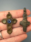 Roman/Medieval Crosses, x1 w/Blue Stone/Glass Still with Piece, Longest 1 3/4