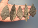 5 Well-Made Stem Points, x1 broken and reglued, Found in Jim Thorpe Area in Pennsylvania, Longest is
