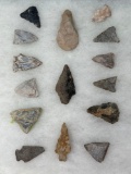 15 Arrowheads, Artifacts, Triangles, Found in Jim Thorpe Area in Pennsylvania, Longest is 2 3/8