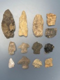 13 Various Artifacts, Arrowheads, Found in Jim Thorpe Area in Pennsylvania, Longest is 3 1/8