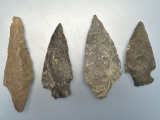 4 Stem Points, Chert, Found in Jim Thorpe Area in Pennsylvania, Longest is 3 1/4