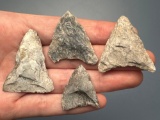 4 Rhyolite Triangle Points, Found in Jim Thorpe Area in Pennsylvania, Longest is 1 3/4