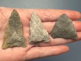 3 Rhyolite Triangle Points, Found in Jim Thorpe Area in Pennsylvania, Longest is 2 1/4