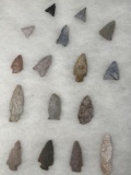 16 Various Points, Triangles, Fox Creek, Well-Made Pieces, Found in Jim Thorpe Area in Pennsylvania,