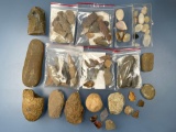 Lot of Various Artifacts, Grooved Hammerstone, Found in Various Places in NJ (Many Site Specifically