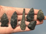 6 Black Chert Arrowheads, Tools, Found on Egg Island in NJ in 1957, Longest is 2 3/8