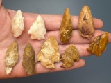 9 Various Cobble Jasper Points, Found in Southeastern PA, Longest is 1 1/2