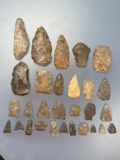 Impressive Lot of 29 Various Points, Tools, Chert, Onondaga, Longest is 3 1/2