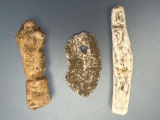 x2 Shell Pendants and Bone Effigy, Found in New York, Iroquoian Artifacts