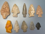 10 Various Points, Jasper, Quartzite, Chert, Longest is 2 1/2