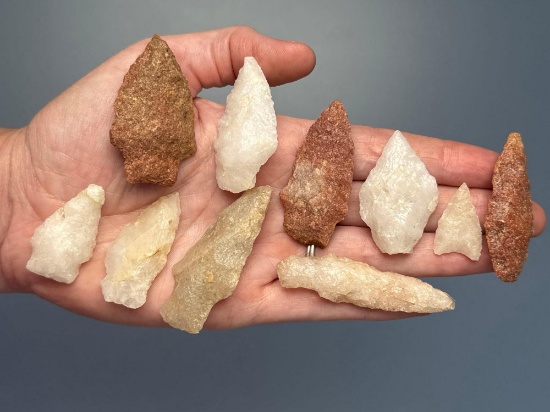 Lot of Quartz and Pink Quartzite Points, Found in Pennsylvania and Maryland, Longest is 2 3/8"
