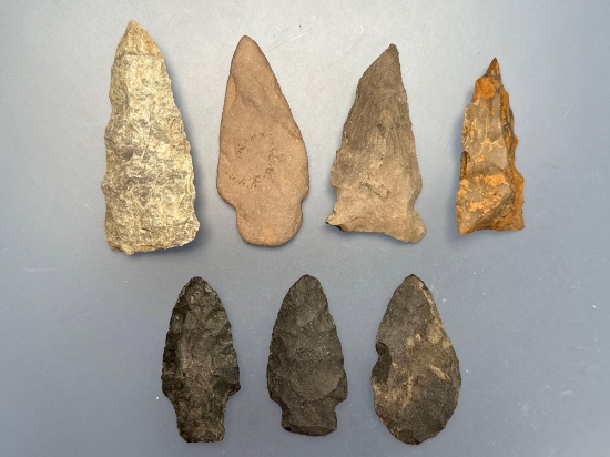 Lot of 7 Various Points, Chert, Rhyolite, Argillite, Found in the PA/MD/NJ Area, Longest is 2 1/2"