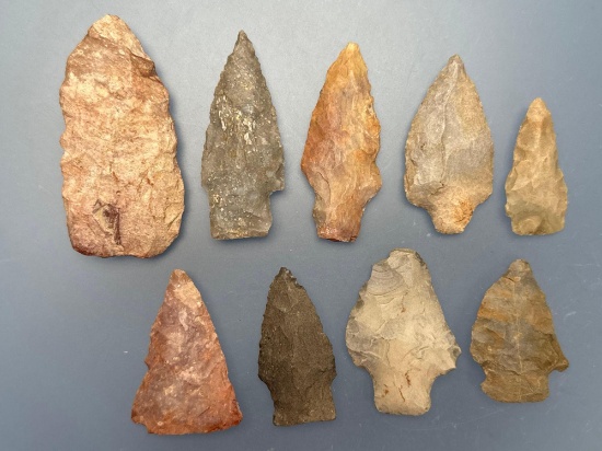 Lot of 9 Various Points, Found in Ohio and Central States, Longest is 2 5/8"
