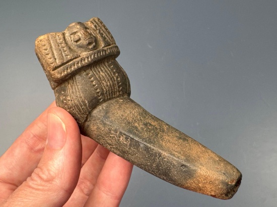 SUPERB 4" Owasco Human Effigy Pipe, Found on Castle Creek Site, Brown Co. New York, Restoration Stem