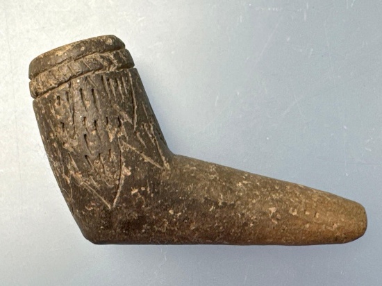 NICE 3 1/4" Early Owasco Obtuse Angle Pipe, Found in Onondaga Hills, New York