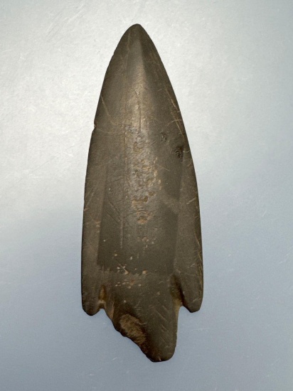 RARE 3 3/8" Black Ground Slate Point, Found in New York, Ancient Basal Reworking, Ex: Summers