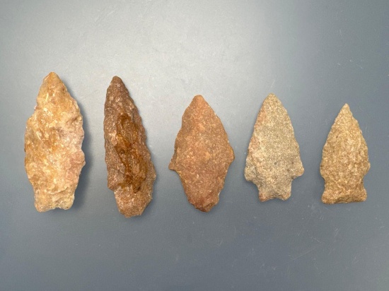 Lot of 5 Pink Quartzite Stem Points, Found in Pennsylvania and Maryland, Longest is 2 1/2"