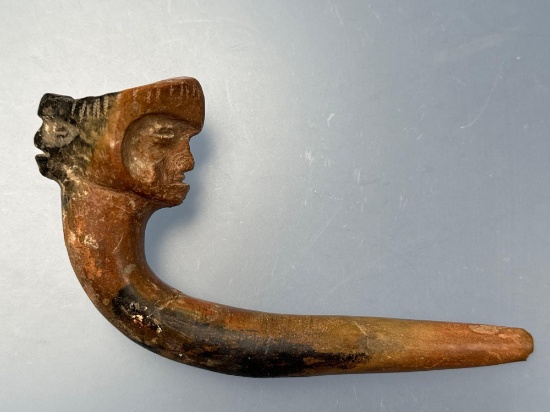 RARE 6" Double Face Effigy Janus Pipe, Found in Genesee Valley in New York, Restoration, Ex: Iron
