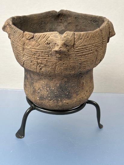 HIGHLIGHT 6" x 6 1/2" 4-Sided Susquehannock Washington Boro Incised Face Effigy Vessel, Restoration