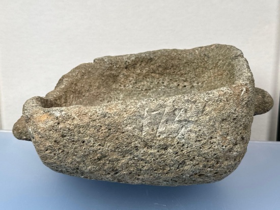 HIGHLIGHT 11" x 7" Soapstone Bowl w/Lug Handles, COMPLETE Found at Cassayuna Lake, NY
