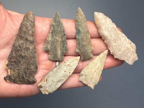 Lot of 6 Fine Points, Quartz, Rhyolite, Chert, Found in North Carolina, Longest is 2 5/8",
