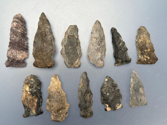 11 Rhyolite and Chert Points, Longest is 2 1/4", Found in Pennsylvania