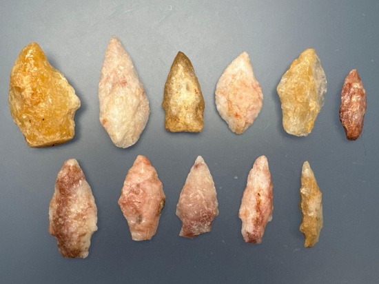 11 Colorful Rose and Honey Quartz Points, Longest is 2 1/16", Found in PA and MD Region