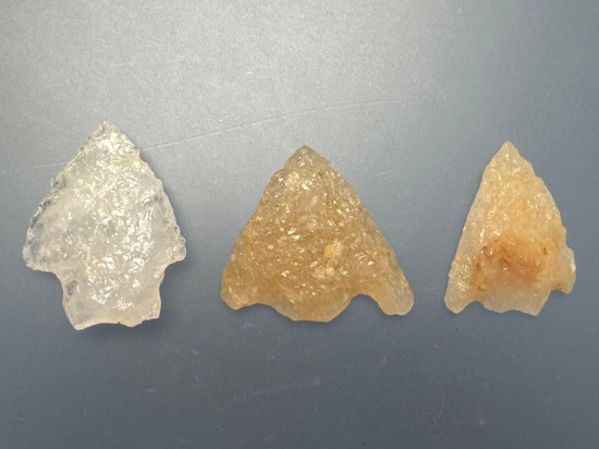 3 Quartz Crystalline Points, x2 Basal Notch and Stemmed, Longest is 1", Found in PA
