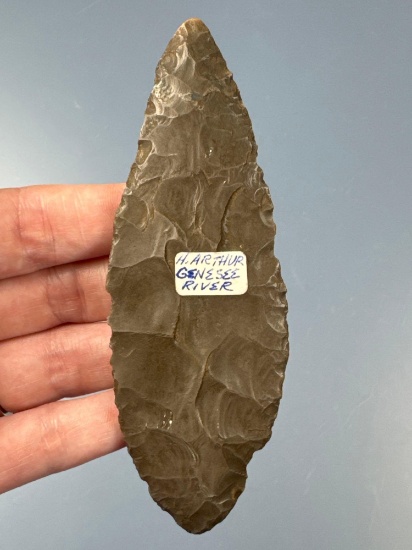 4 5/8" Hornstone Turkey Tail Blade, Found in 1950s, Genesee River, Allegheny Co,, NY. Ex: Taylor