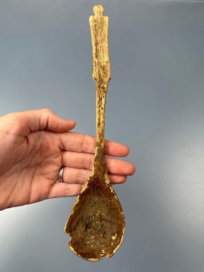 HIGHLIGHT Iroquois Bone Ladle w/Human Effigy, Found in Cortland, New York, 11 1/4", Broken+Reglued