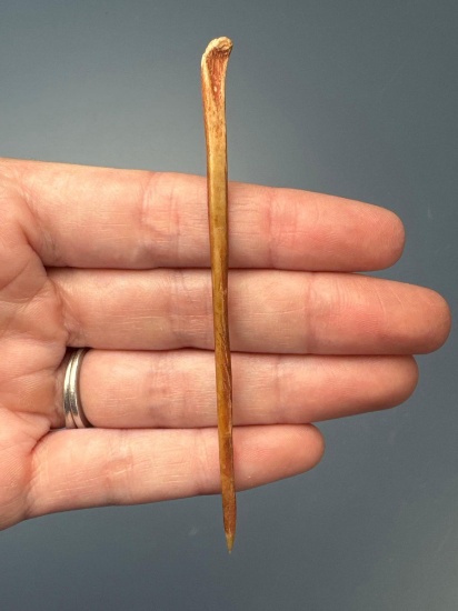 3 7/8" Polished Bone Awl, Red Ochre Stained, Found at Glenwood Site, Mason Co., West Virginia