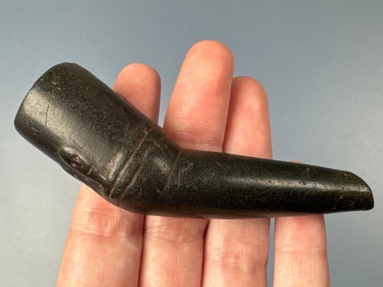 HIGHLIGHT 3 1/2" Black Steatite Obtuse Angle Pipe w/2 Pairs of Human Effigies, Found in Central, NY