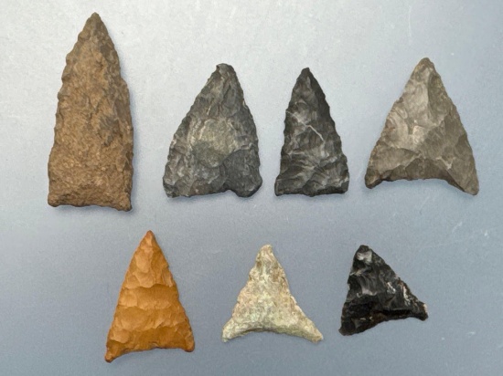 Lot of 6 Nice Triangle Points, Chert, Jasper, Rhyolite, Found in Pennsylvania, Longest is 1 1/2"