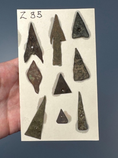 Card of 9 Impressive Brass Trade Points, Stemmed + Perforated Forms, Found Madison Co., NY